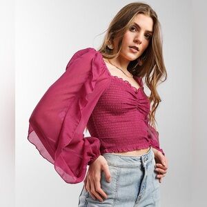 HYFVE Size L Magenta Stretch Ruffled Sweetheart Cropped Top Metallic Threading